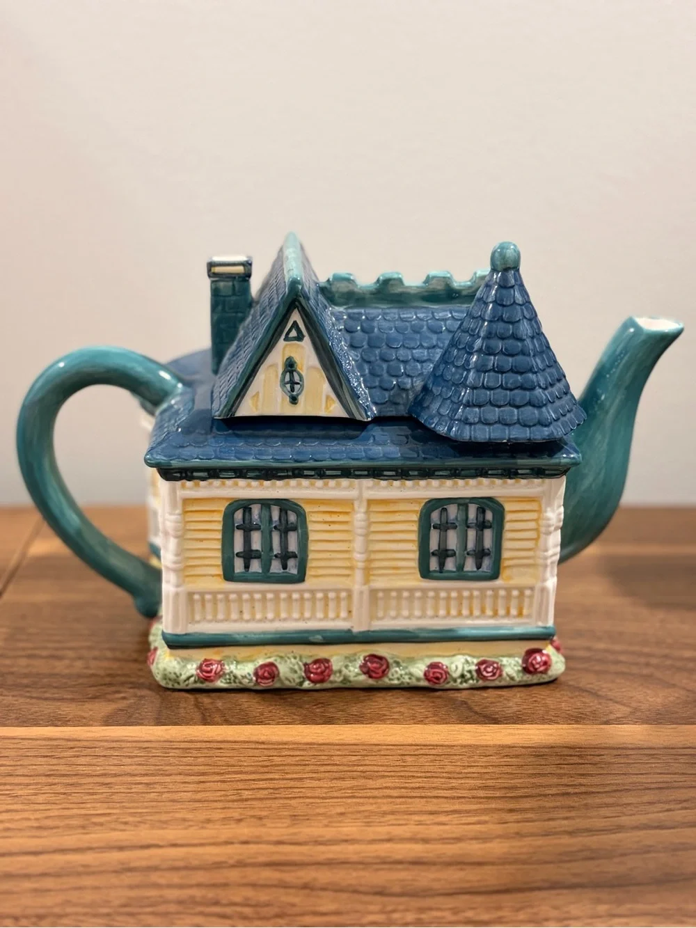 Blue Ceramic Cottage Teapot - Decorative Home Kitchen Accent